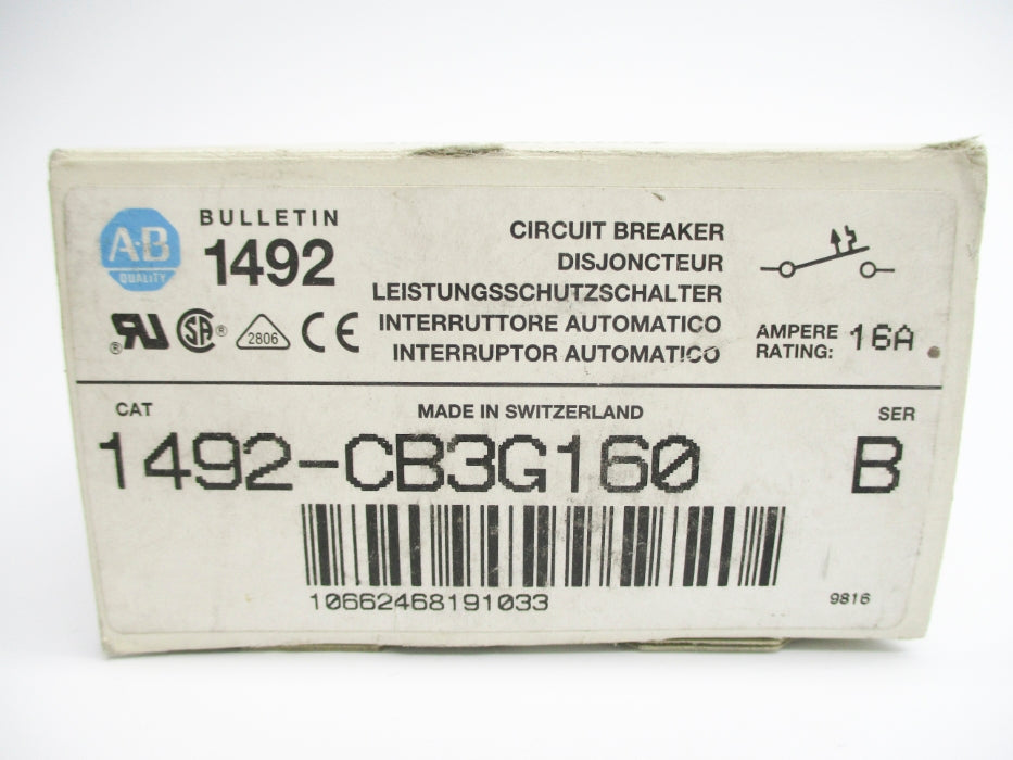 ALLEN BRADLEY 1492-CB3G160 SER. B 480VAC 16A  NSMP