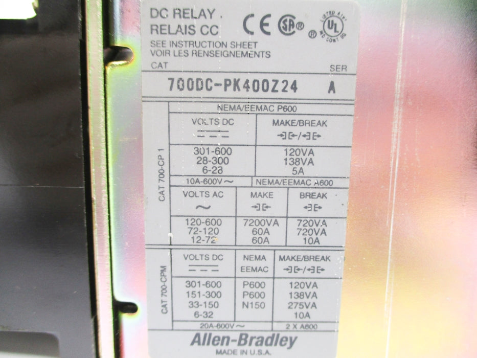 ALLEN BRADLEY 700DC-PK400Z24 SER. A 24V UNMP