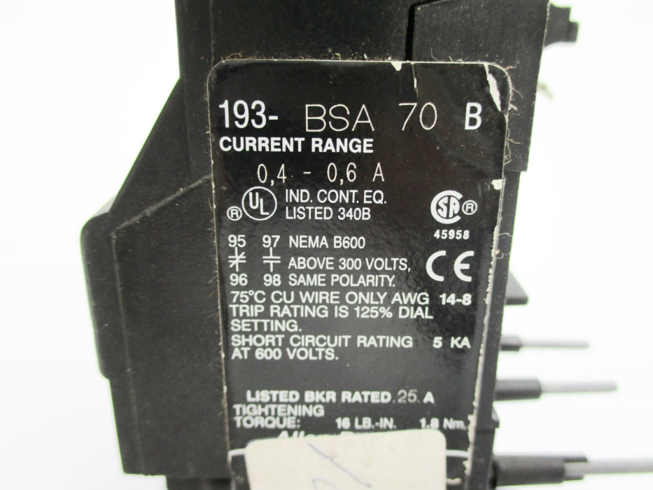 INDUSTRIAL SPARE PART 193-BSA70 SER. B 0.4-0.6A (AS PICTURED) NSNP