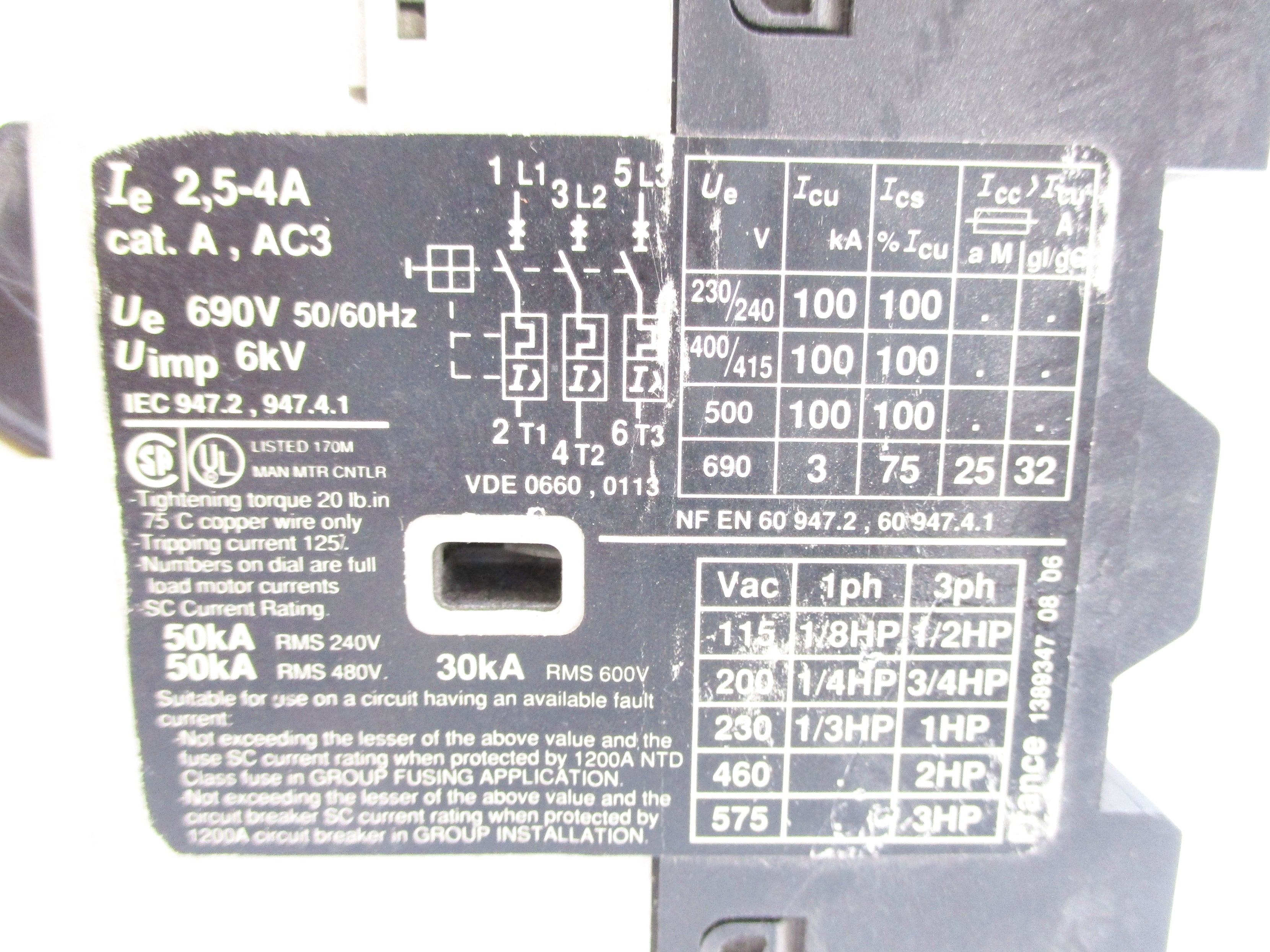 TELEMECANIQUE GV2-M08 575VAC 2.5-4A NSNP