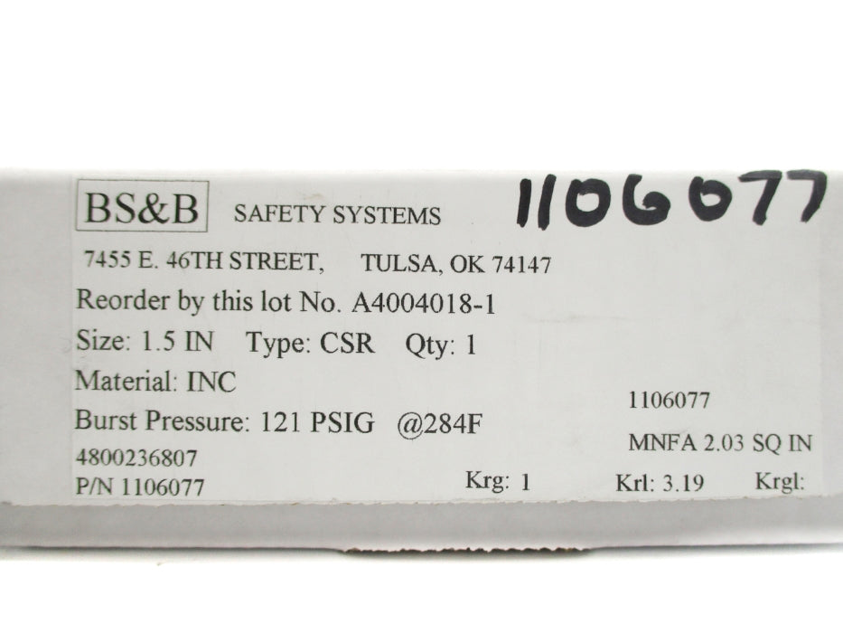 BS&B SAFETY SYSTEMS 1106077 121PSIG 284F NSMP