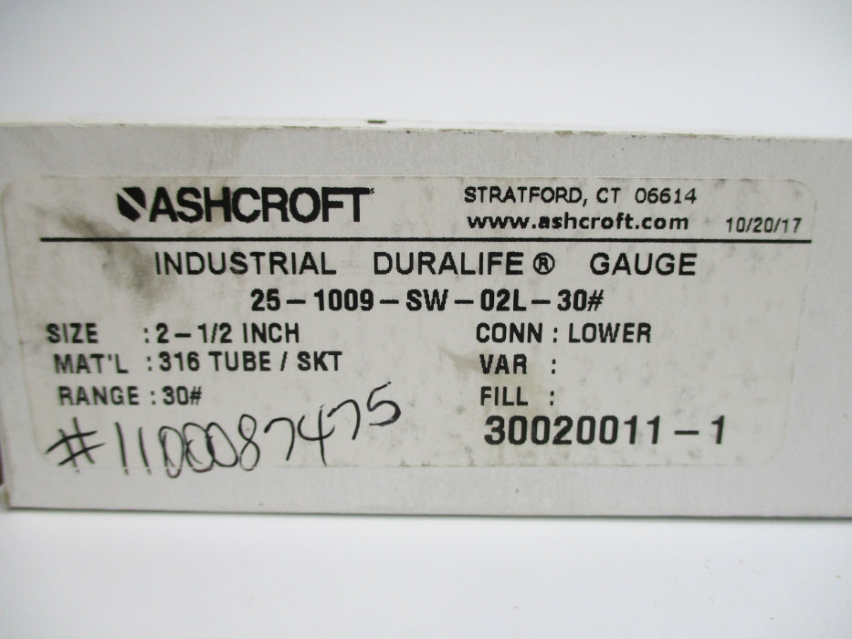 ASHCROFT 25-1009-SW-02L-30# 30PSI 2-1/2" NSMP