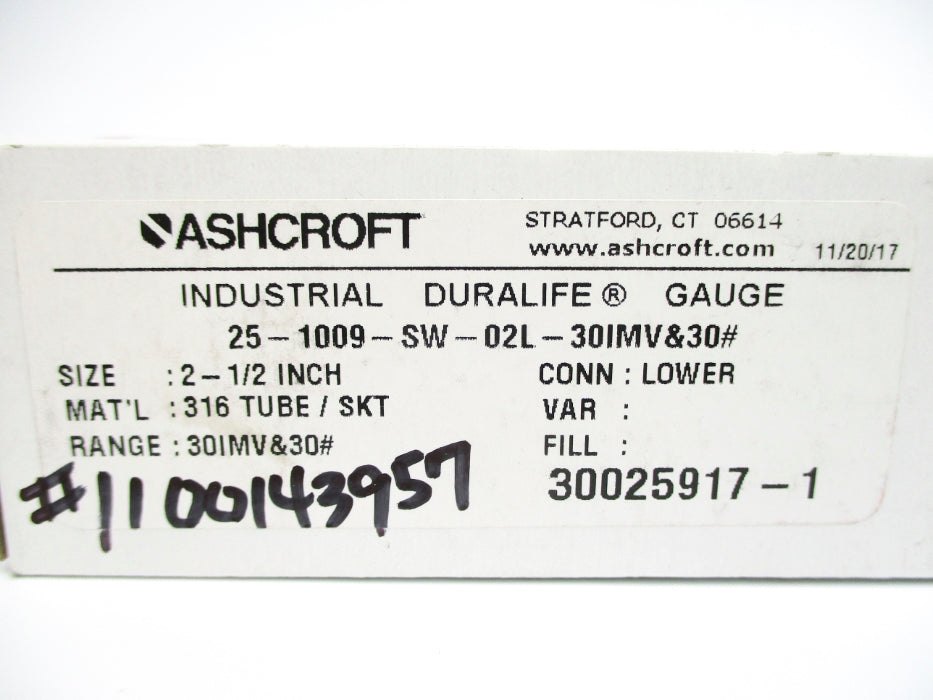 ASHCROFT 25-1009-SW-02L-30IMV&30# 30PSI NSMP