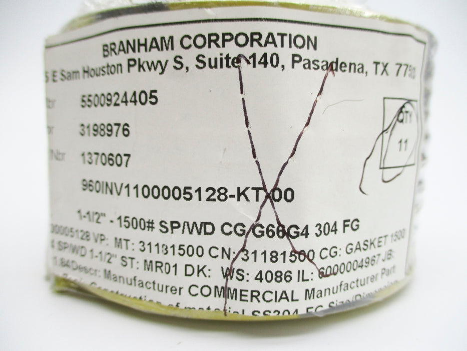 BRANHAM CORPORATION 960INV1100005128-KT-00 SW304G-112.900 (PKG OF 11) NSMP