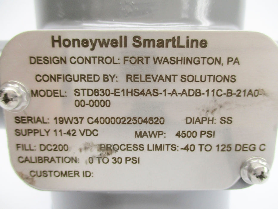HONEYWELL STD830-E1HS4AS-1-A-ADB-11C-B-21A0-00-0000 4500PSI NSNP
