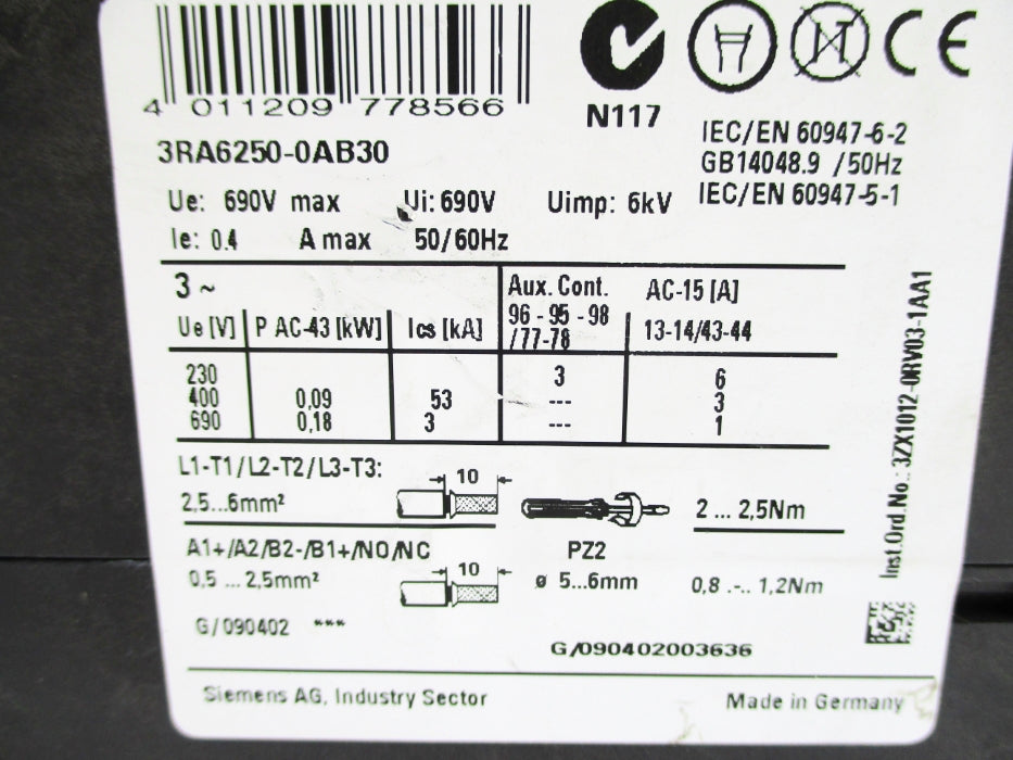 SIEMENS 3RA6250-0AB30 0.1-0.4A (AS PICTURED) UNMP
