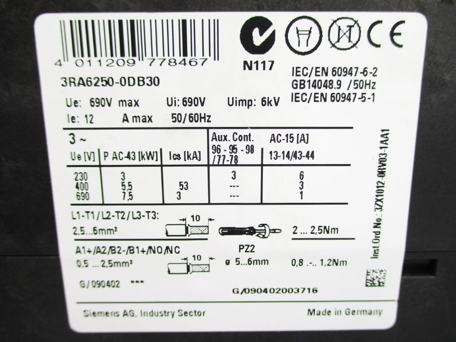 SIEMENS 3RA6250-0DB30 3-12A NUPI