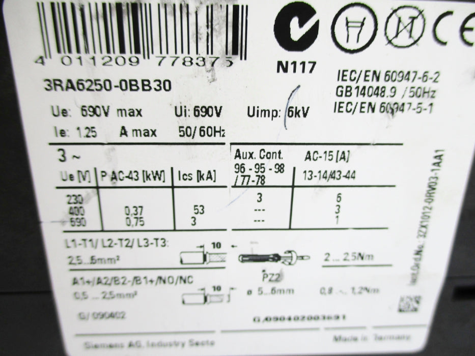 SIEMENS 3RA6250-0BB30 0.32-1.25A NUPI