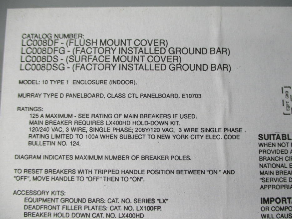 MURRAY ELECTRICAL PRODUCTS E0816ML1125 UNMP