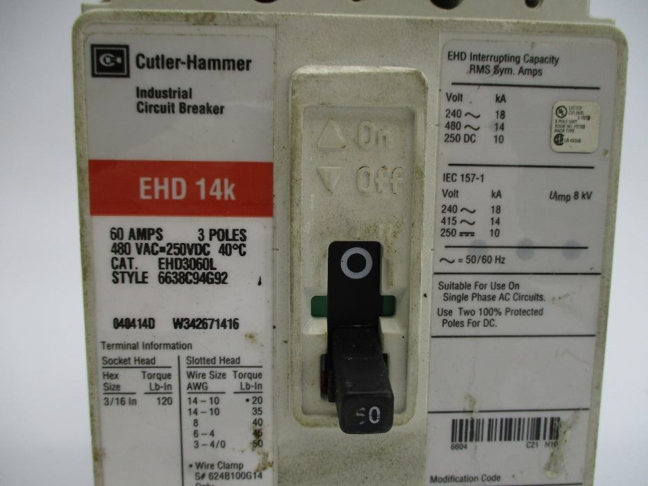 CUTLER HAMMER EHD3060L 6638C94G92 60A 480V UNMP