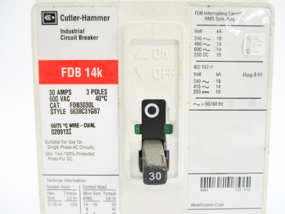 CUTLER HAMMER FDB3030L 6638C31G87 30A 600VAC NSNP