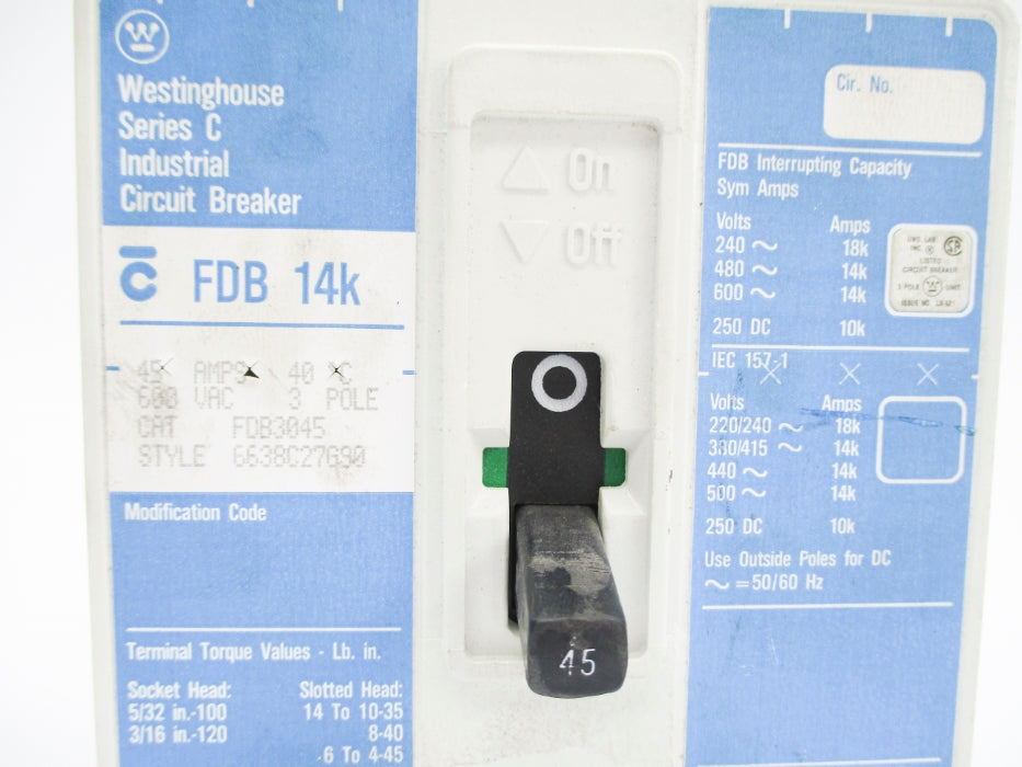 WESTINGHOUSE FDB3045 SER. C 6638C27G90 45A 600VAC NSNP