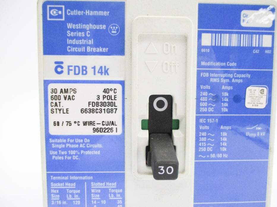 CUTLER HAMMER FDB3030L SER. C 6638C31G87 30A 600VAC NSNP