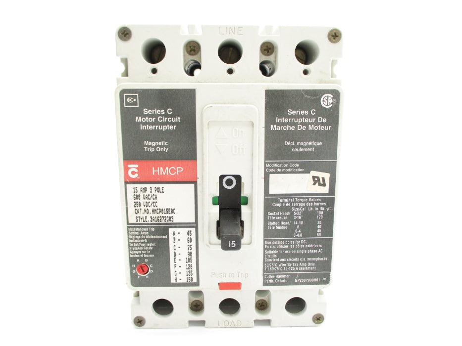 CUTLER HAMMER HMCP015E0C SER. C 3A16272G03 15A 600VAC NSNP