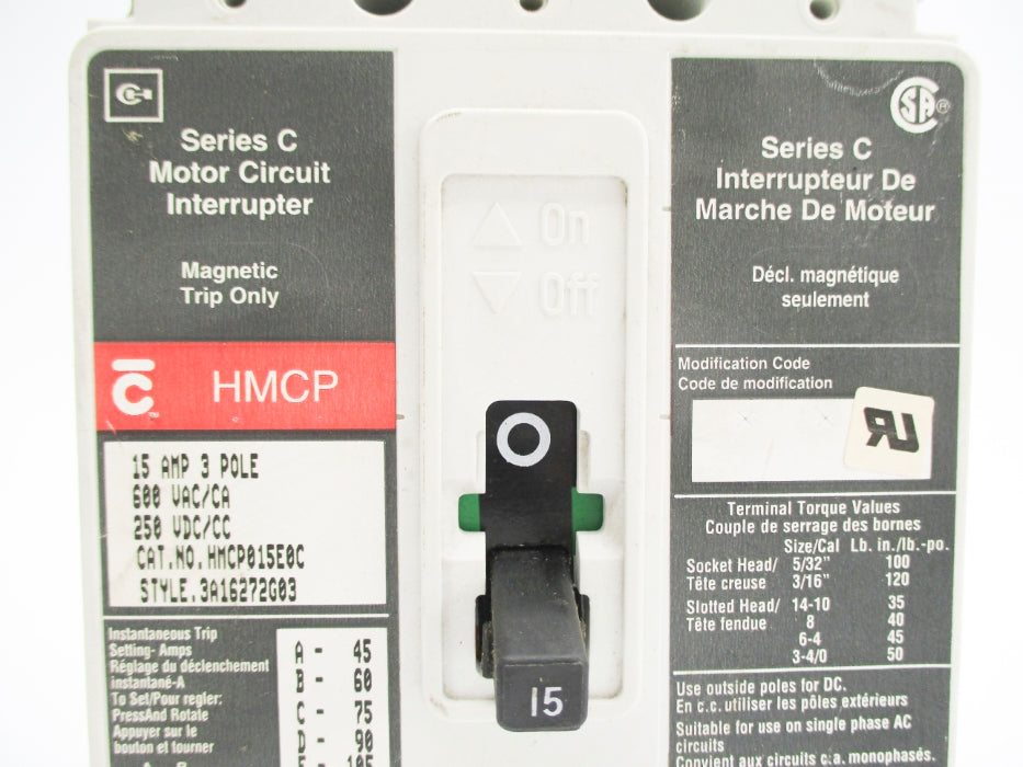 CUTLER HAMMER HMCP015E0C SER. C 3A16272G03 15A 600VAC NSNP