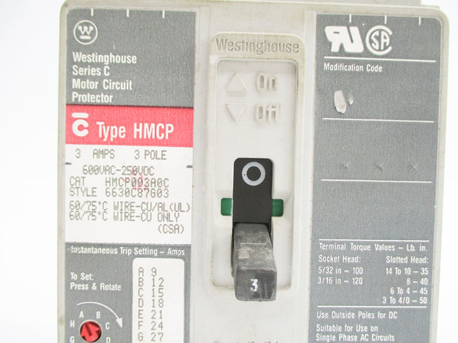 WESTINGHOUSE HMCP003A0C SER. C 600VAC 3A UNMP