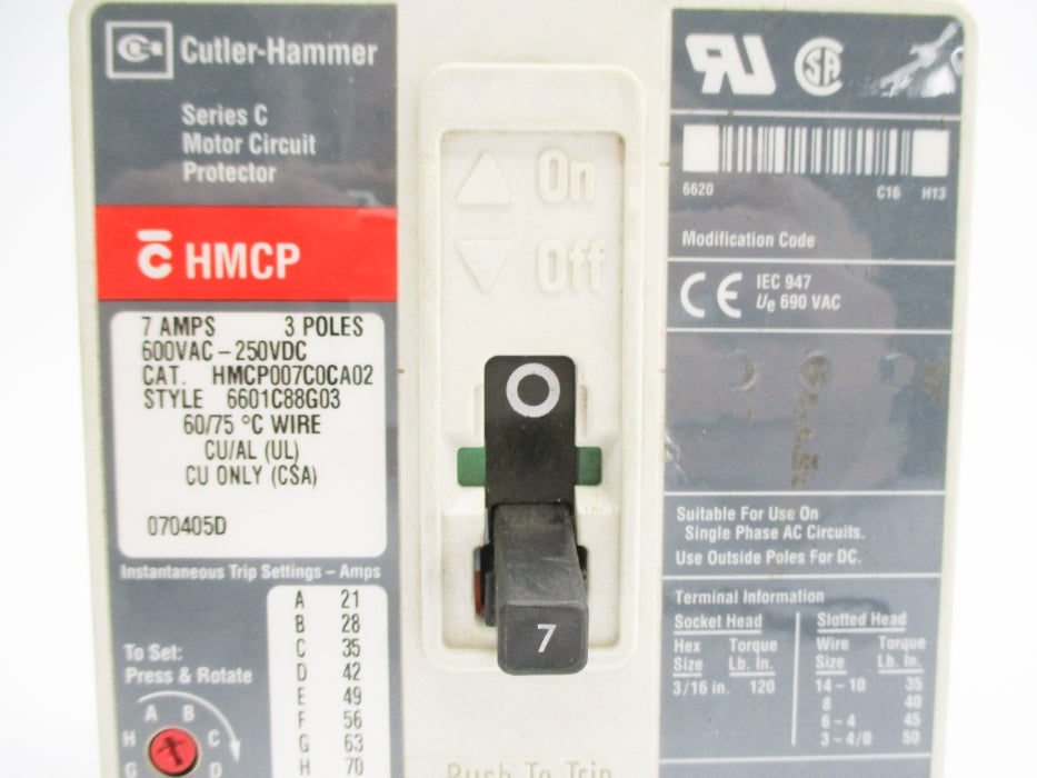 CUTLER HAMMER HMCP007C0CA02 SER. C 6601C8G03 7A 600VAC UNMP