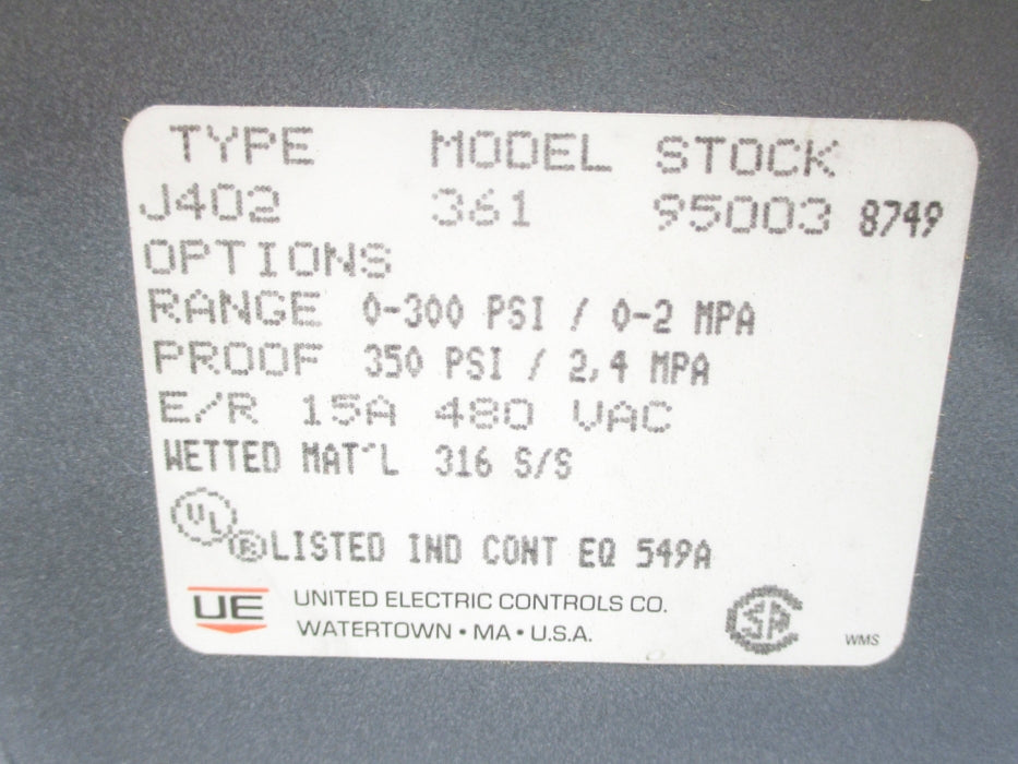 UNITED ELECTRIC CONTROLS J402-361-95003 350PSI NSNP