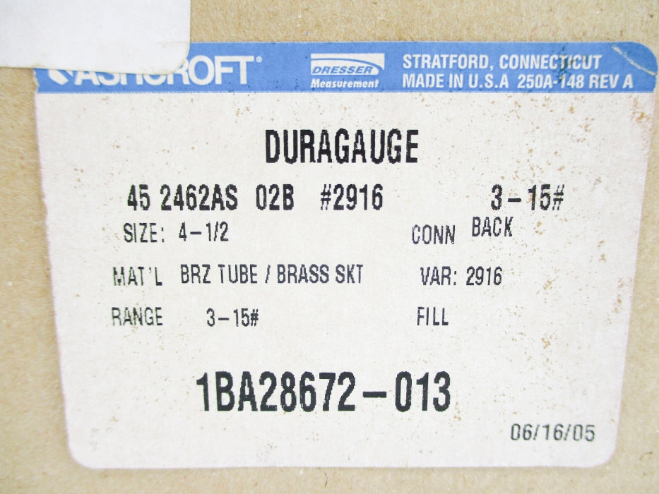 ASHCROFT 452462AS02B#29163-16# 3-15PSI NSMP