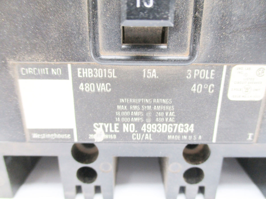 WESTINGHOUSE EHB3015L 4993D67G34 15A 480VAC NSNP