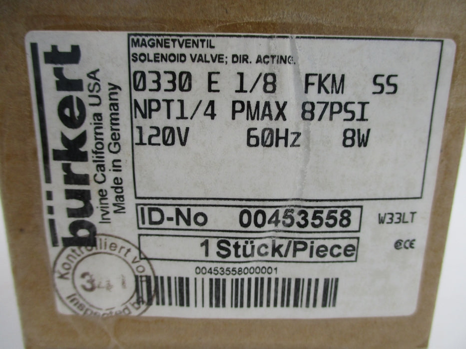 BURKERT 0330-E-1/8-FKM-SS 00453558 87PSI 120V NSMP