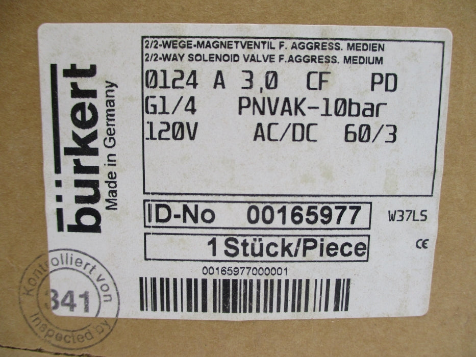 BURKERT 0124-A-3.0-CF-PD 00165977 120VAC/DC NSFS
