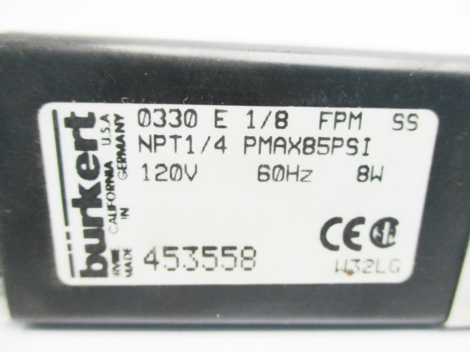 BURKERT 0330-E-1/8-FPM-SS 453558 85PSI 120V NSNP