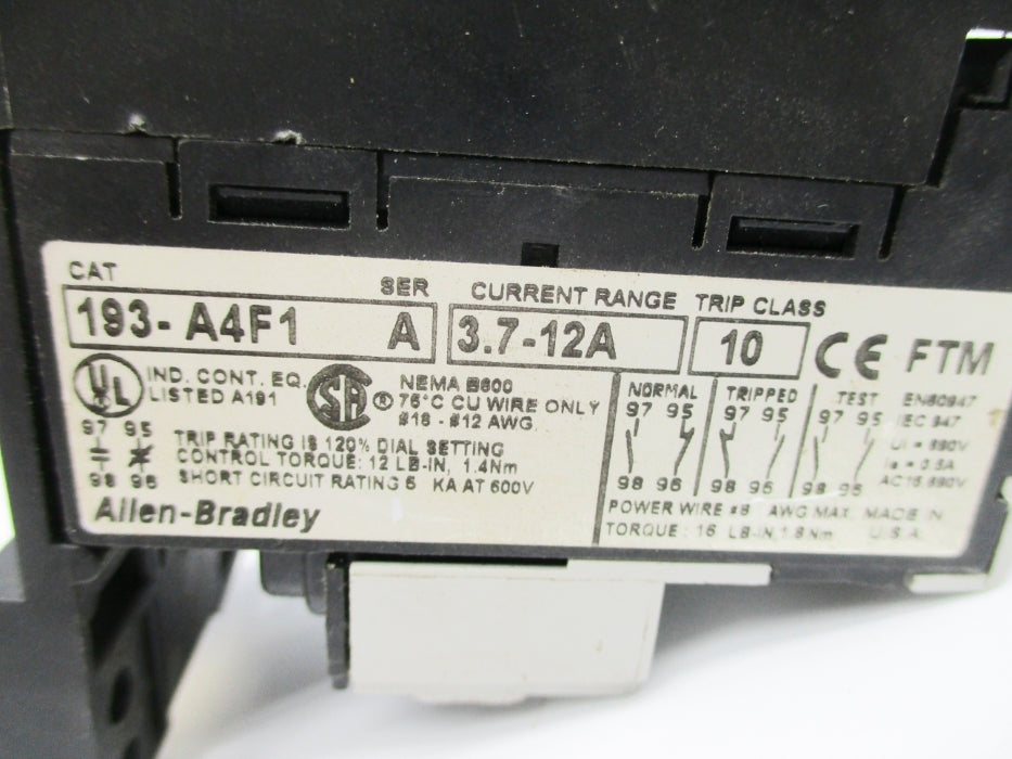 ALLEN BRADLEY 193-A4F1 SER. A 3.7-12A (AS PICTURED) NSNP