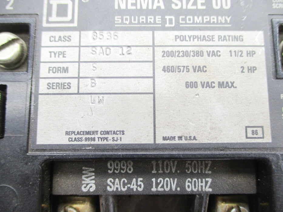 SQUARE D 8536SAO12S SER. B 110/120V UNMP