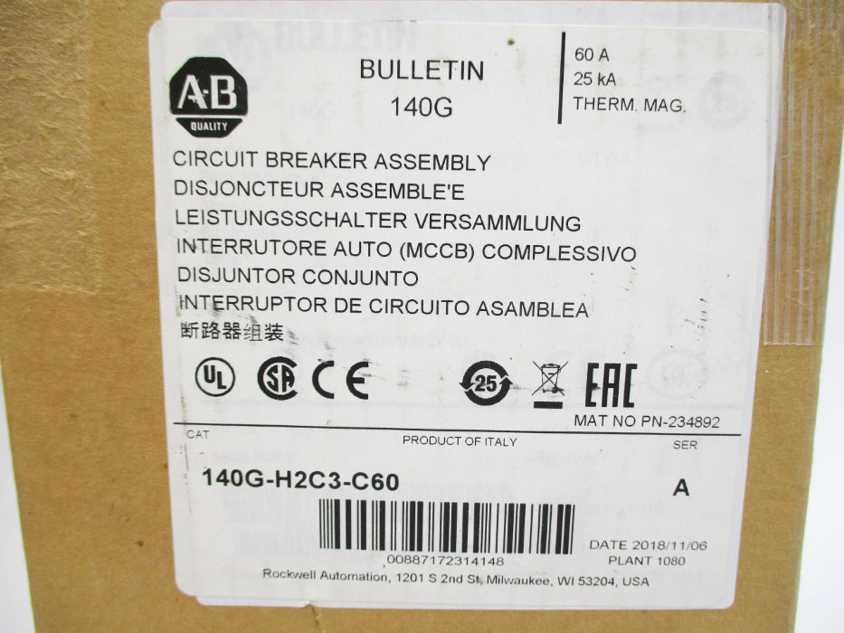 ALLEN BRADLEY 140G-H2C3-C60 SER. A 60A 480VAC (BR/WH) NSMP