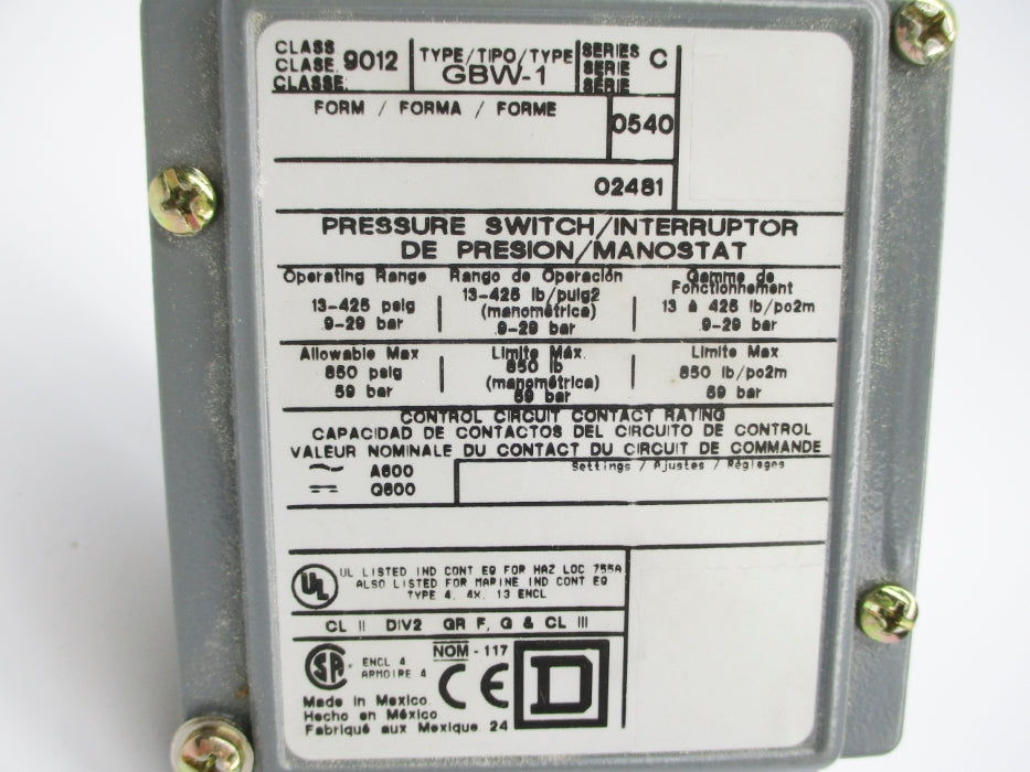 SQUARE D 9012GBW1 SER. C 13-425PSI NSNP