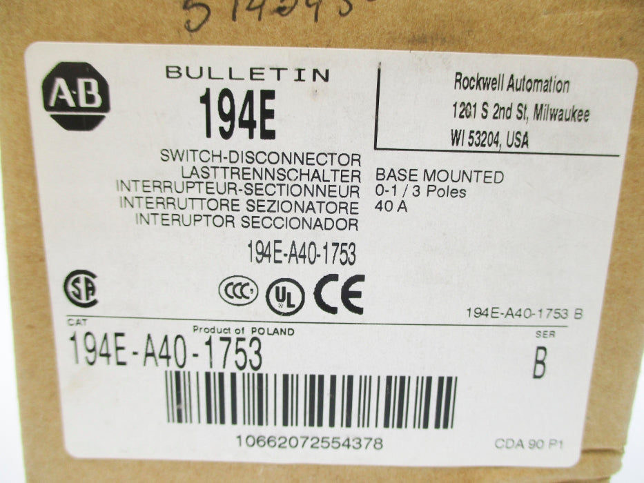 ALLEN BRADLEY 194E-A40-1753 SER. B (BR/WH) NSMP