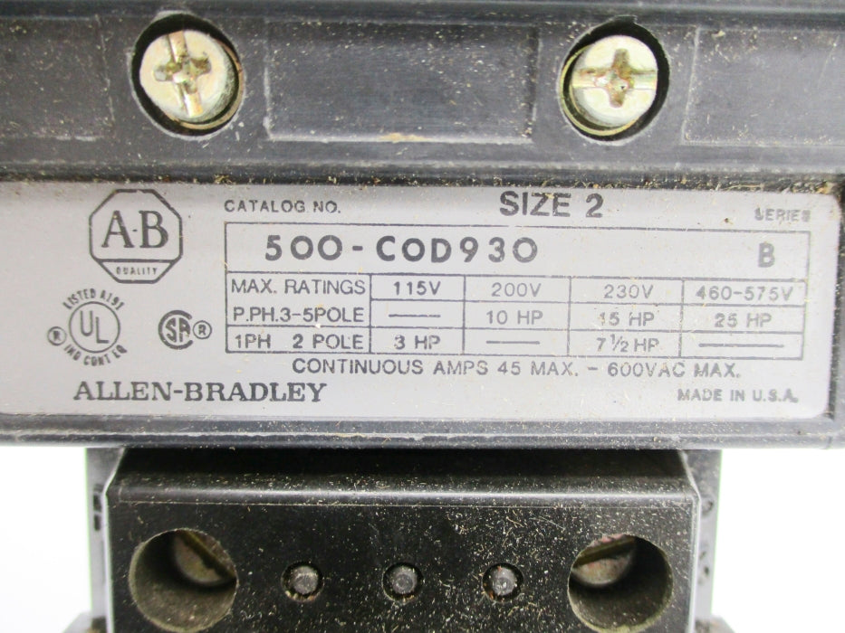 INDUSTRIAL SPARE PART 500-COD930 SER. B (MISSING LUGS) UNMP