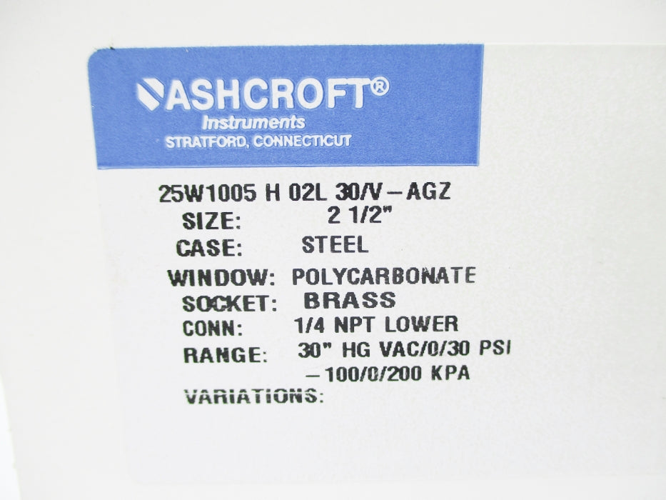 ASHCROFT 25W1005H02L30/V-AGZ 30"HGVAC/0/30PSI NSMP