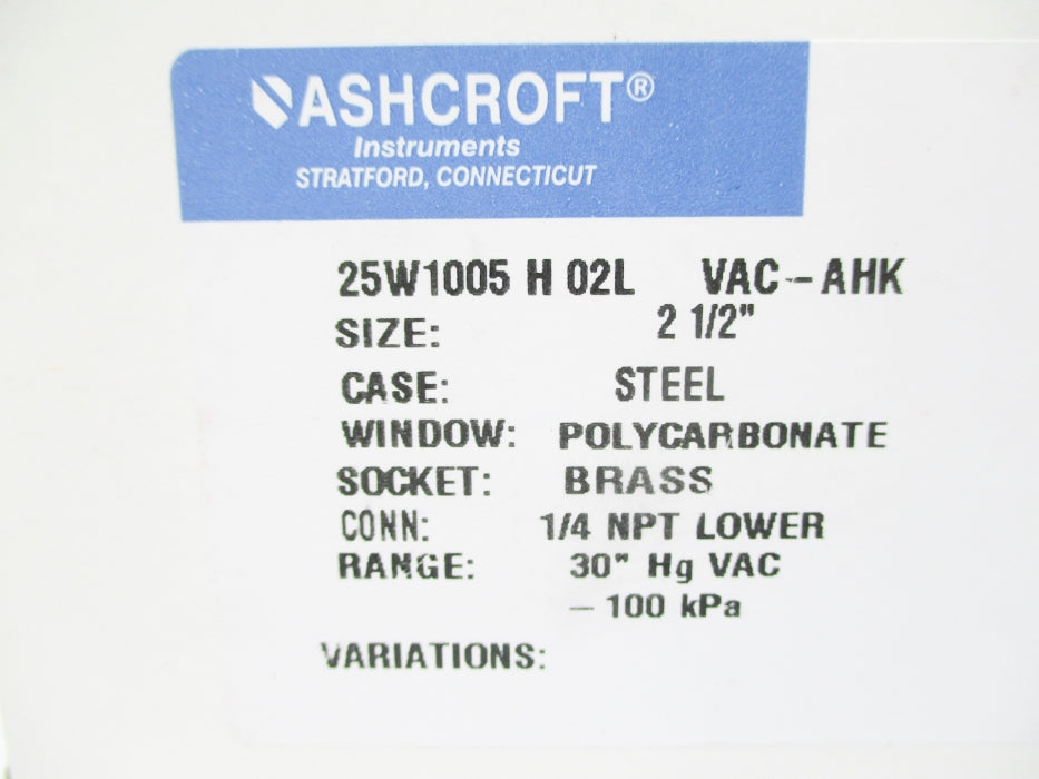 ASHCROFT 25W1005H02LVAC-AHK 30"HGVAC NSMP