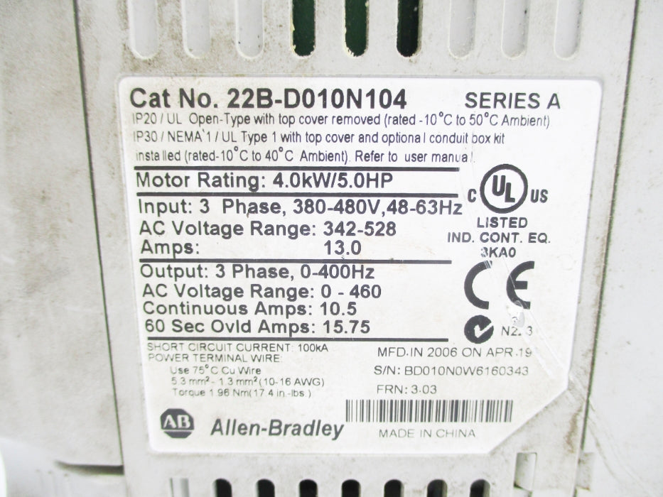 ALLEN BRADLEY 22B-D010N104 SER. A F/W 3.03 UNMP