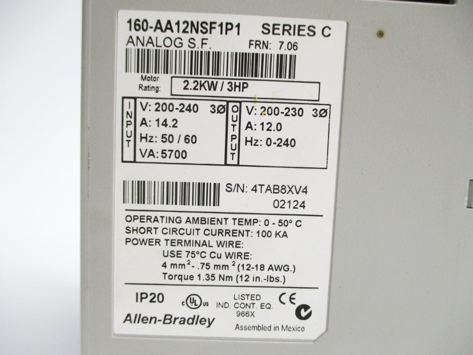 ALLEN BRADLEY 160-AA12NSF1P1 SER. C F/W 7.06 NSNP