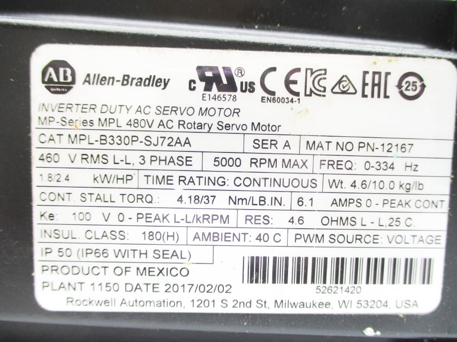 ALLEN BRADLEY MPL-B330P-SJ72AA SER. A UNMP