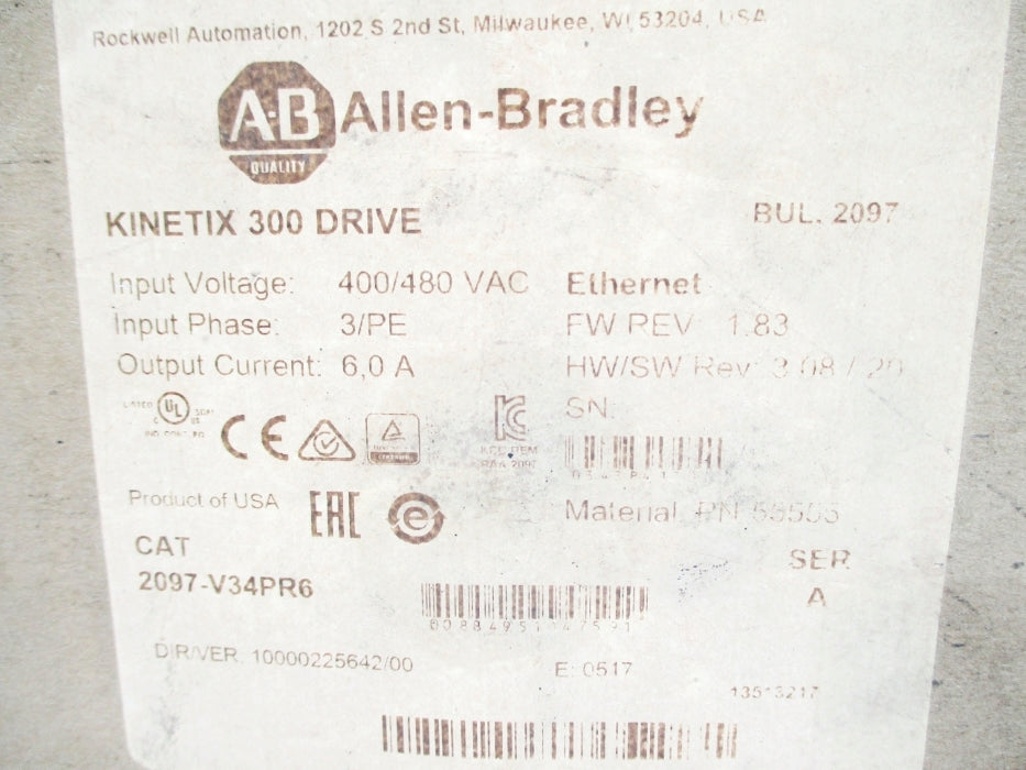 ALLEN BRADLEY 2097-V34PR6 SER. A F/W 1.83 (BR/WH) NSMP