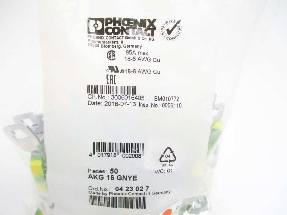 PHOENIX CONTACT AKG16GNYE 0423027 (PKG OF 50) NSMP