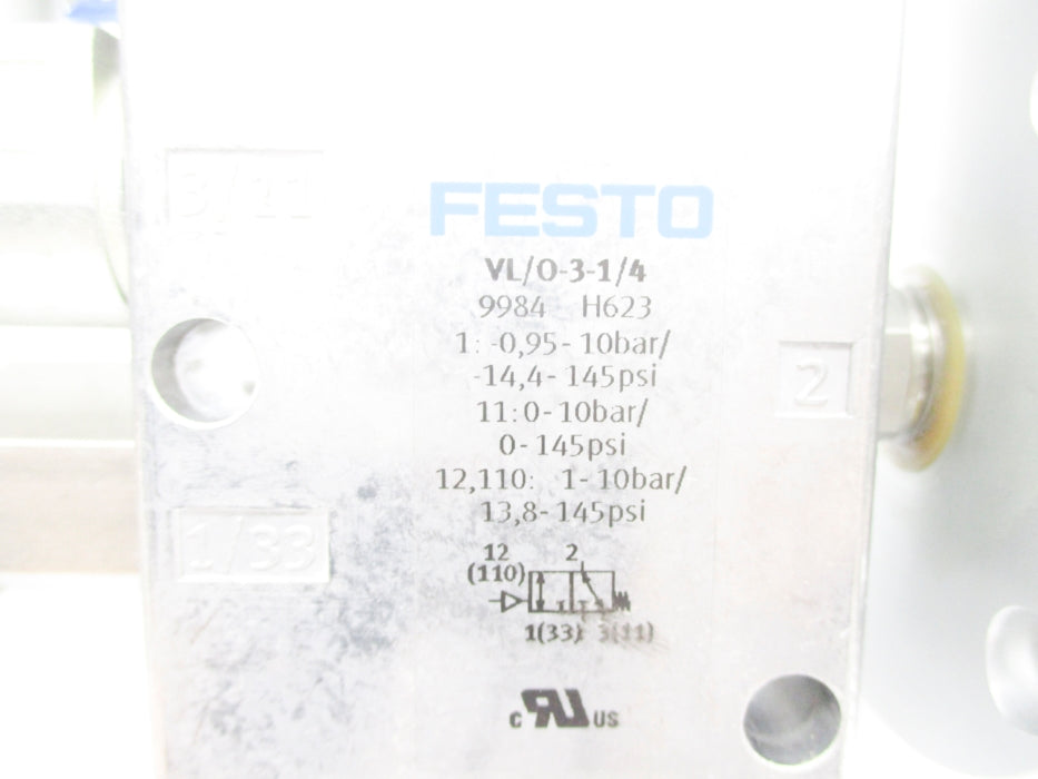 FESTO VL/O-3-1/4 9984 W/ ABX30-B 14.4-145PSI NSNP