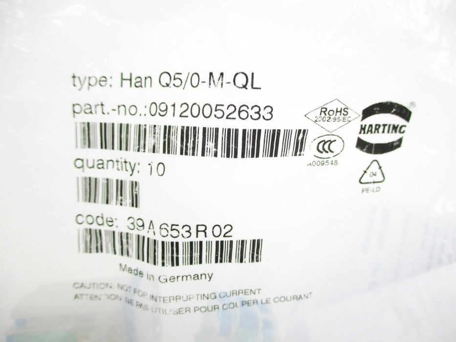 HARTING HANQ5/0-M-QL 09120052633 (PKG OF 10) NSMP