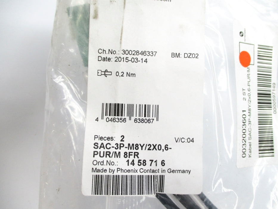 PHOENIX CONTACT SAC-3P-M8Y/2X0,6-PUR/M8FR 1458716 (PKG OF 2) NSMP