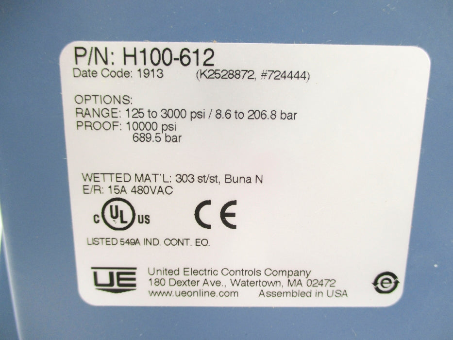UNITED ELECTRIC CONTROLS H100-612 125-3000PSI NSNP