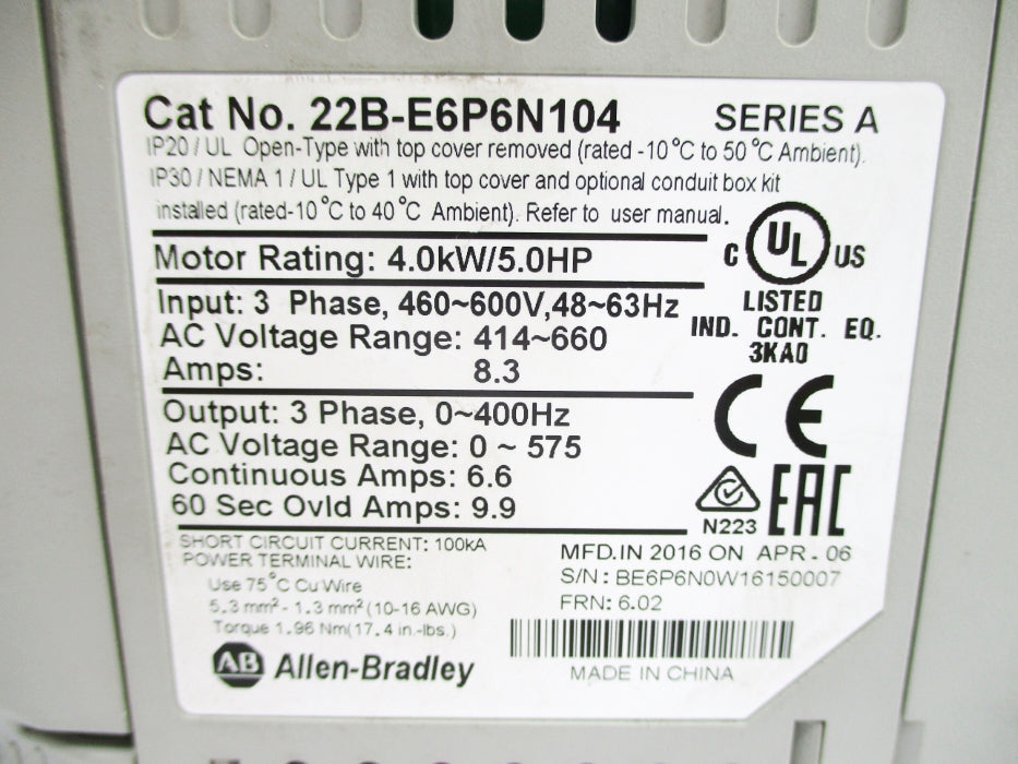 ALLEN BRADLEY 22B-E6P6N104 SER. A F/W 6.02 NSNP