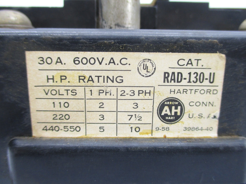 ARROW HART RAD-130-U 600VAC UNMP