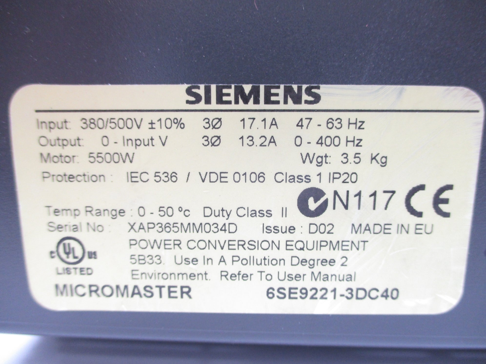 SIEMENS 6SE9221-3DC40 (AS PICTURED) NSNP