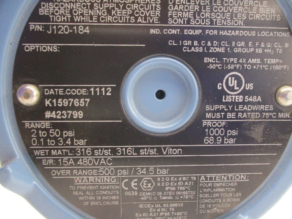 UNITED ELECTRIC CONTROLS J120-184 2-50PSI NSNP