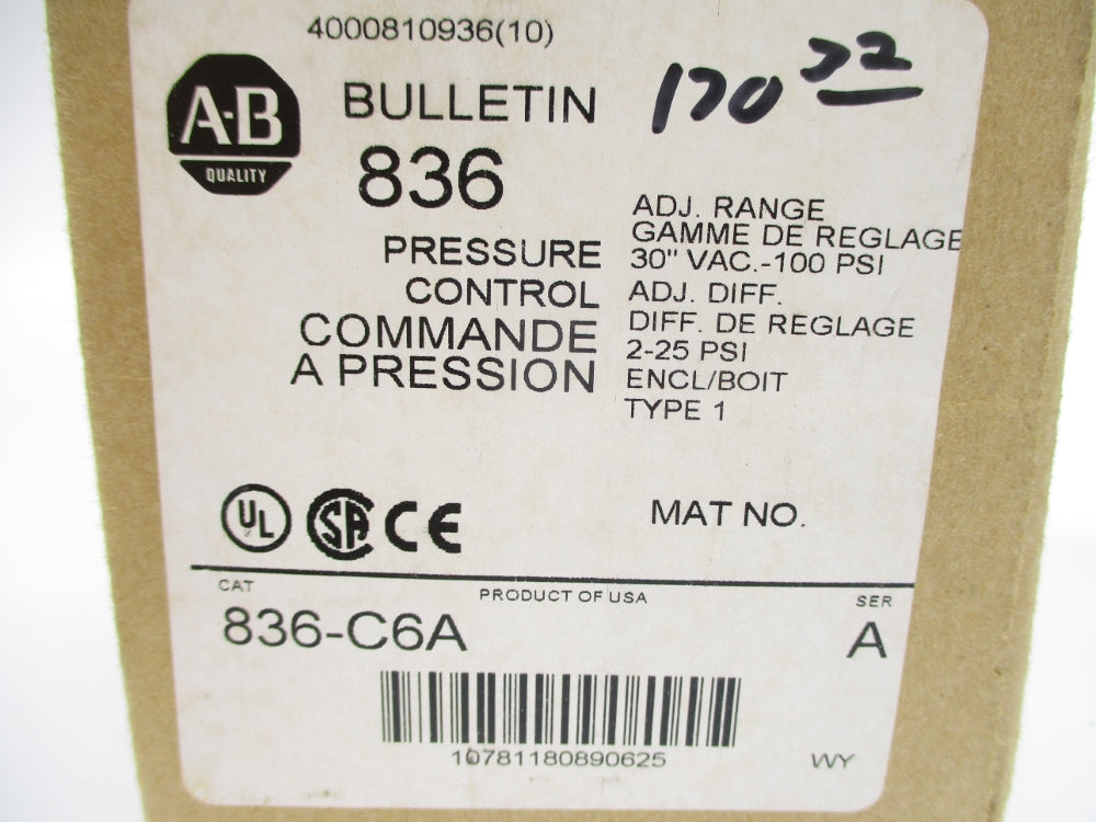 ALLEN BRADLEY 836-C6A SER. A 30"VAC-100PSI (AS PICTURED) (BR/WH) NSMP