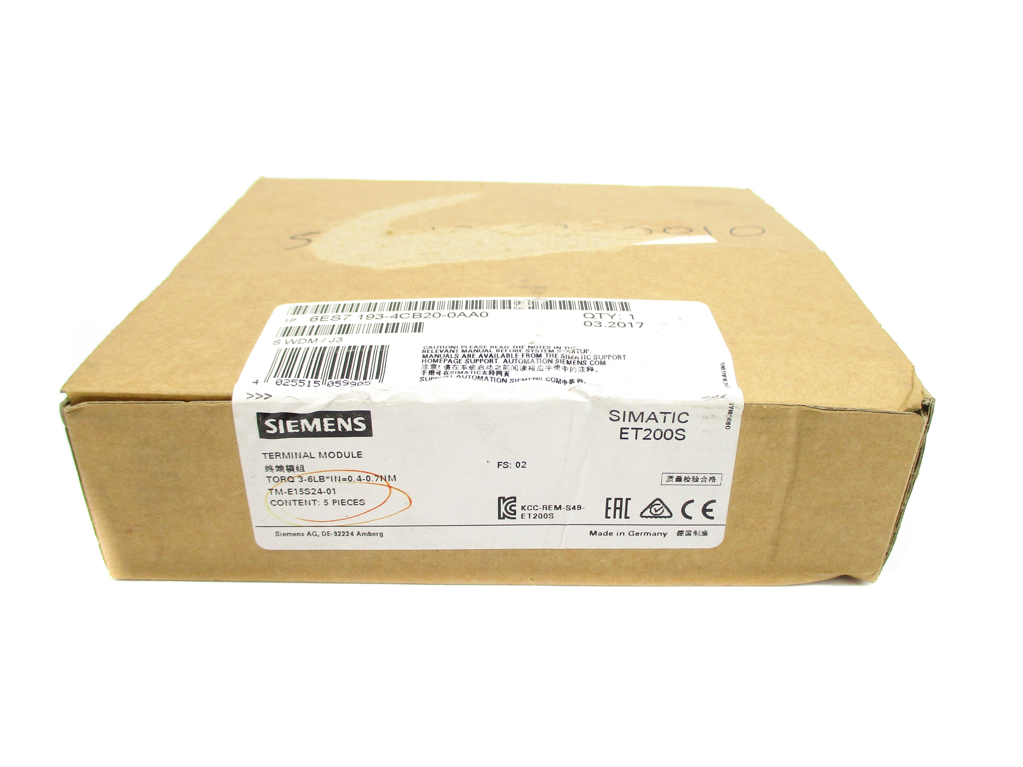 SIEMENS 6ES7193-4CB20-0AA0 (PKG OF 5) NSFS